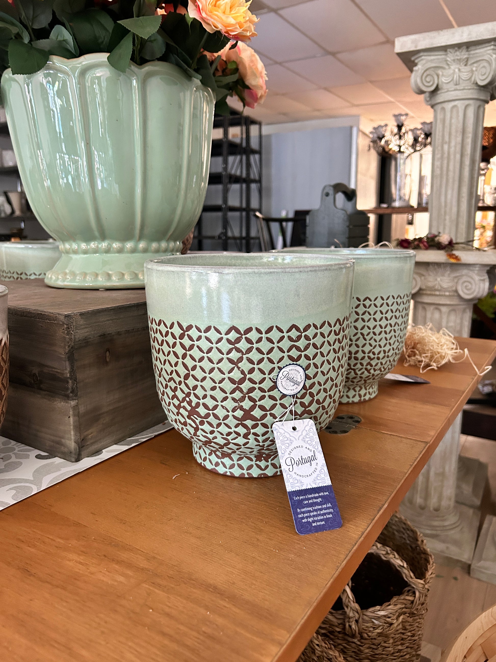 homegoods planter pots Green & Brown Patterned Planter – Tea Rose Flower Shop