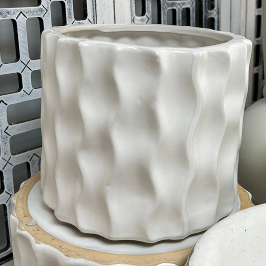 White Ribbed Ceramic Planter